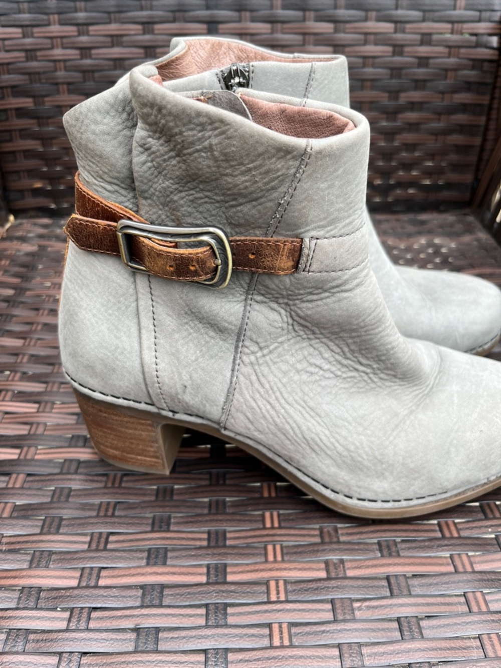 Dansko Hartley Boots -Gray Leather Ankle Boots with Brown Buckle Strap - Picture 2 of 16